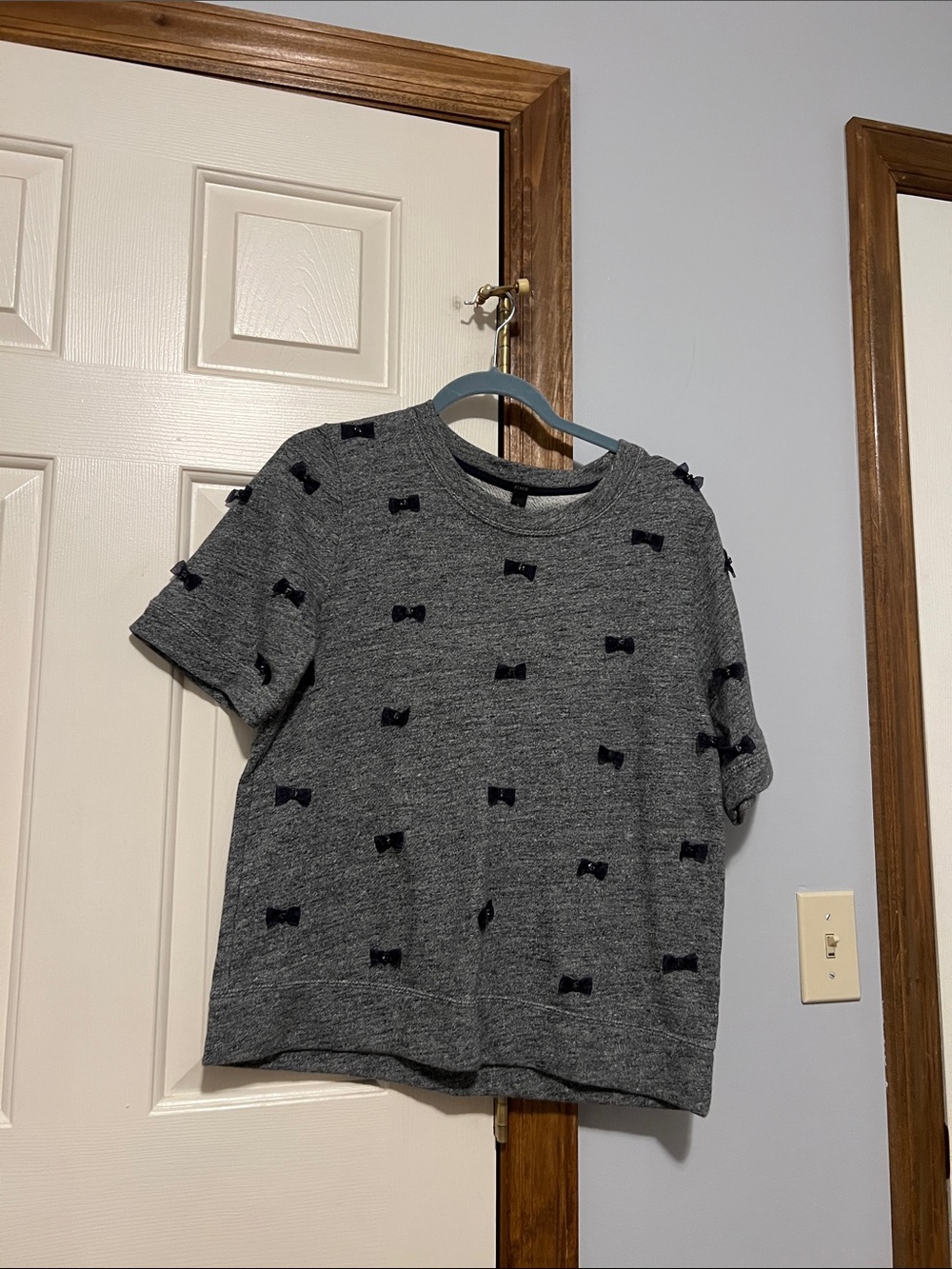 J. Crew Gray Crewneck Short Sleeve Sweater with Navy Trim